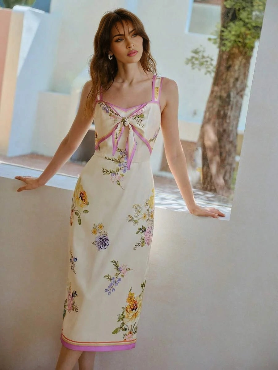 PREMIUM SATIN ELEGANT RIBBED FABRIC FLORAL PRINT TIE FRONT MIDI DRESS