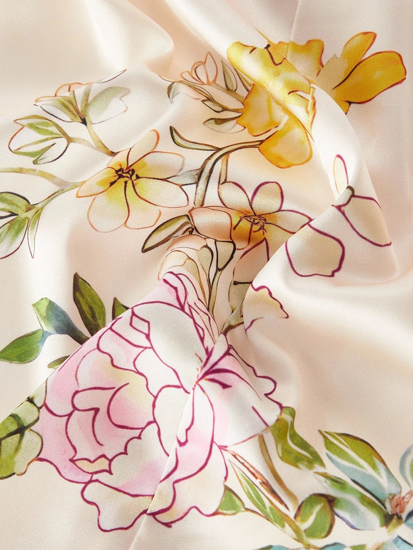 PREMIUM SATIN ELEGANT RIBBED FABRIC FLORAL PRINT TIE FRONT MIDI DRESS