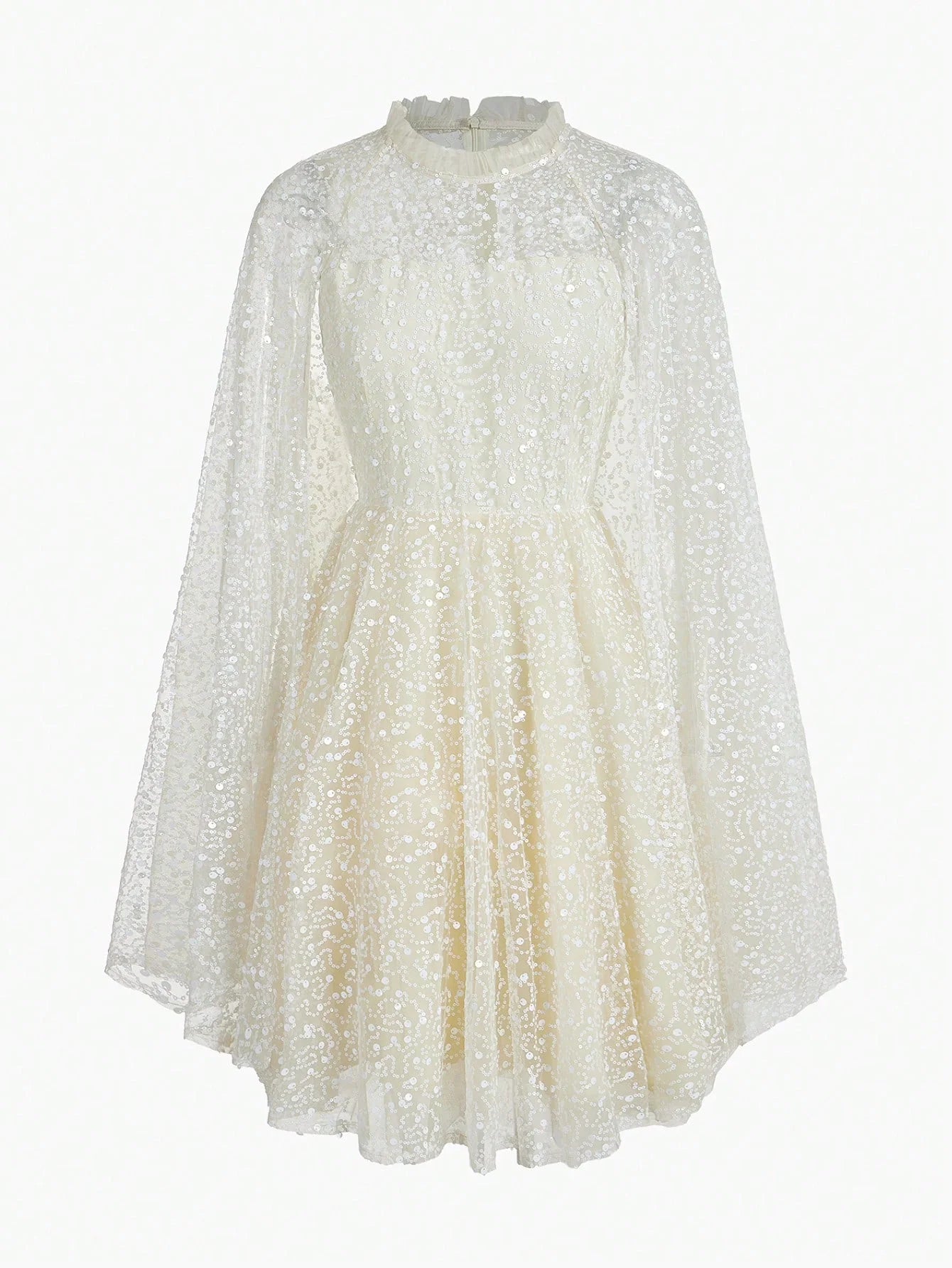 PREMIUM SEQUIN CONTRAST MESH CAPE SLEEVE DRESS