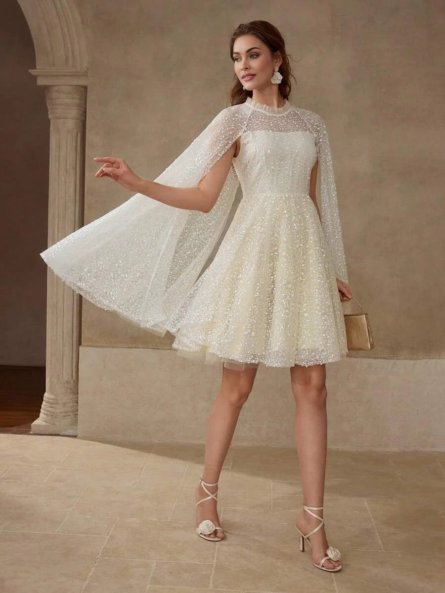 PREMIUM SEQUIN CONTRAST MESH CAPE SLEEVE DRESS