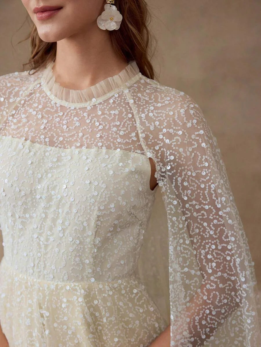 PREMIUM SEQUIN CONTRAST MESH CAPE SLEEVE DRESS