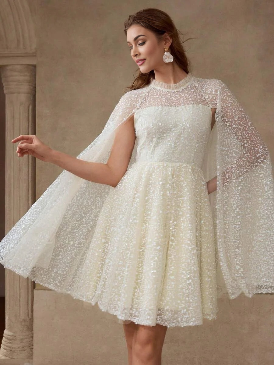 PREMIUM SEQUIN CONTRAST MESH CAPE SLEEVE DRESS