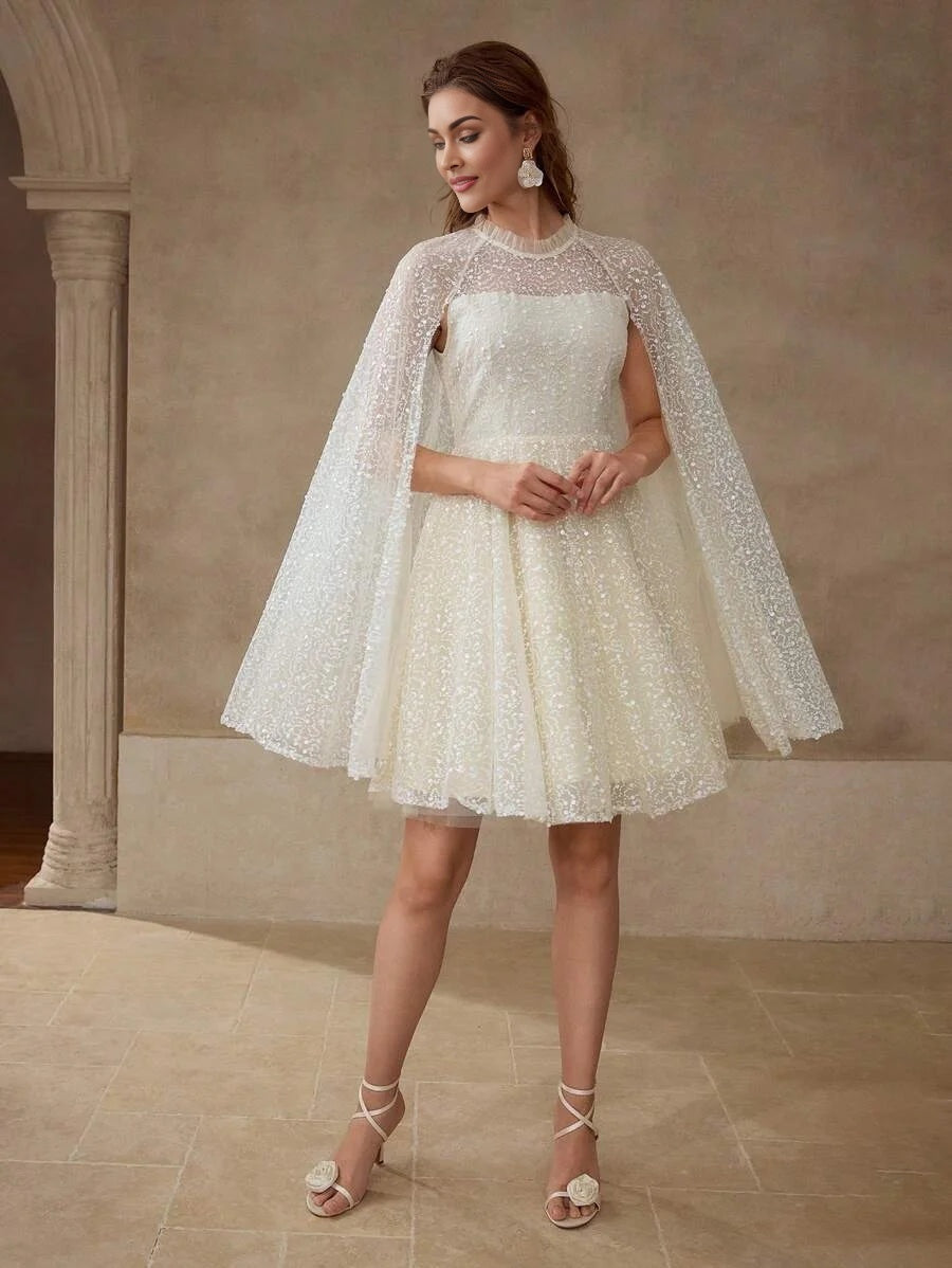 PREMIUM SEQUIN CONTRAST MESH CAPE SLEEVE DRESS