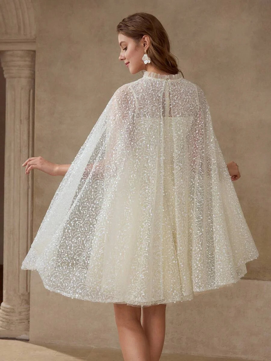 PREMIUM SEQUIN CONTRAST MESH CAPE SLEEVE DRESS