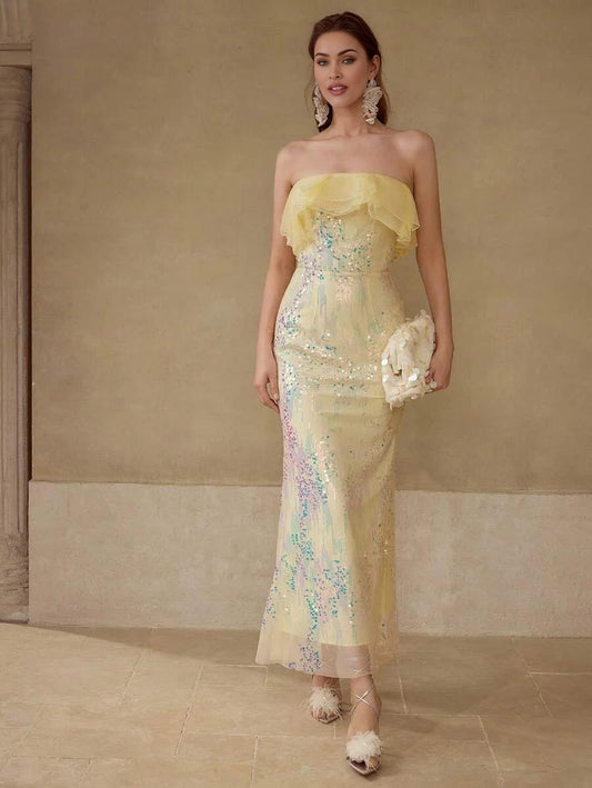 PREMIUM SEQUIN CONTRAST MESH DRESS