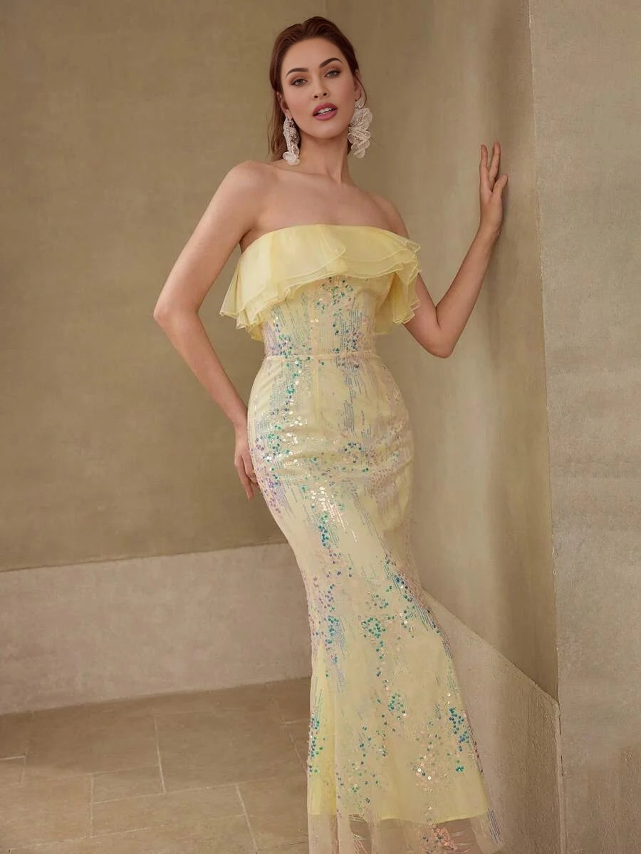 PREMIUM SEQUIN CONTRAST MESH DRESS