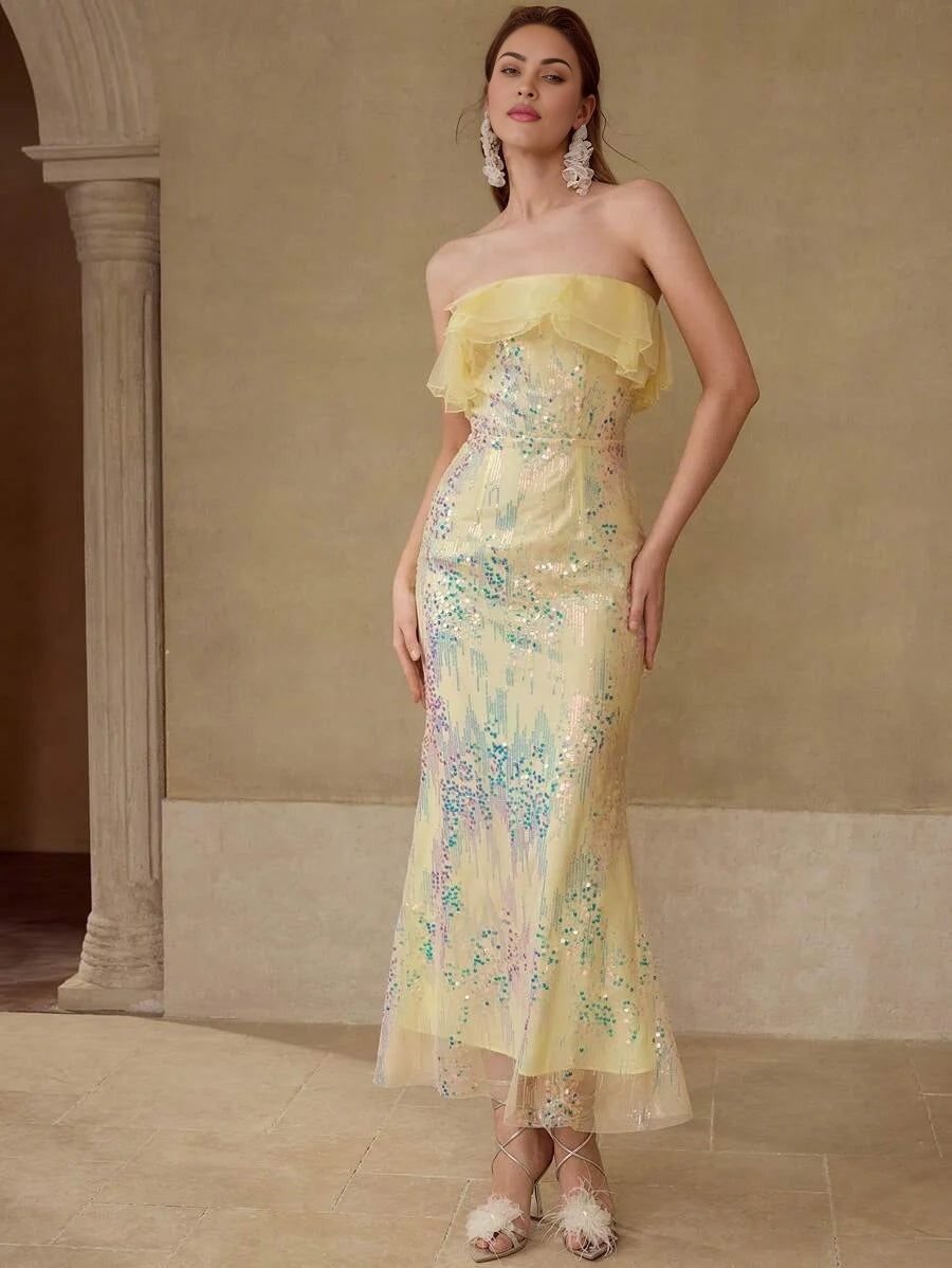 PREMIUM SEQUIN CONTRAST MESH DRESS