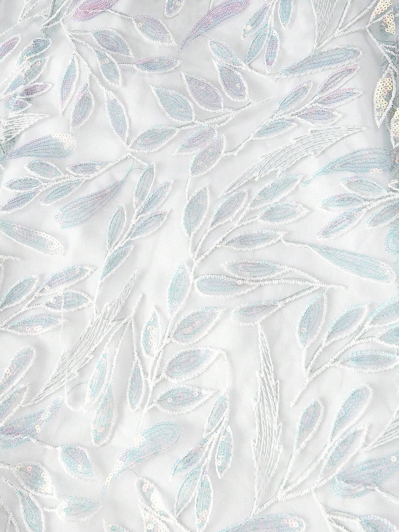 PREMIUM SEQUIN EMBROIDERY PLANTS PATTERN BELL SLEEVE MERMAID HEM LONG DRESS WITHOUT BELT