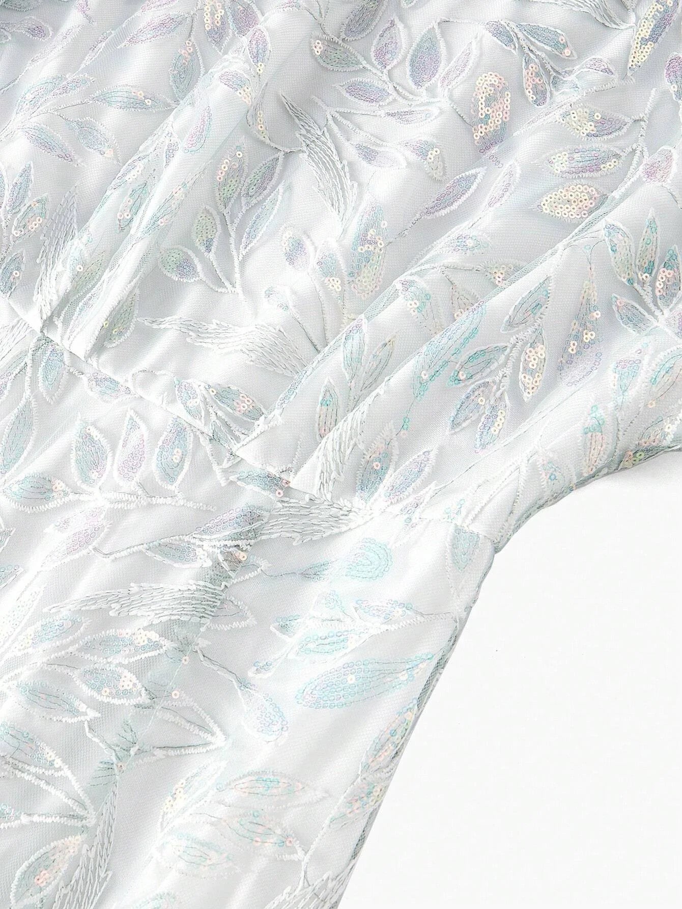 PREMIUM SEQUIN EMBROIDERY PLANTS PATTERN BELL SLEEVE MERMAID HEM LONG DRESS WITHOUT BELT