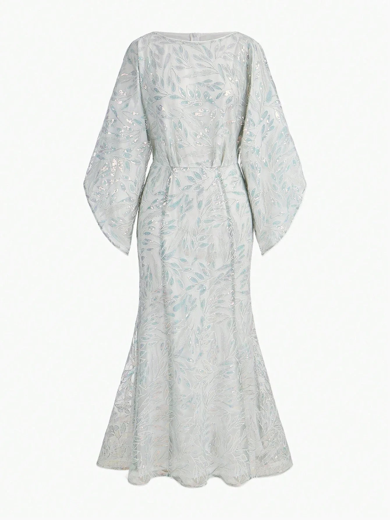 PREMIUM SEQUIN EMBROIDERY PLANTS PATTERN BELL SLEEVE MERMAID HEM LONG DRESS WITHOUT BELT