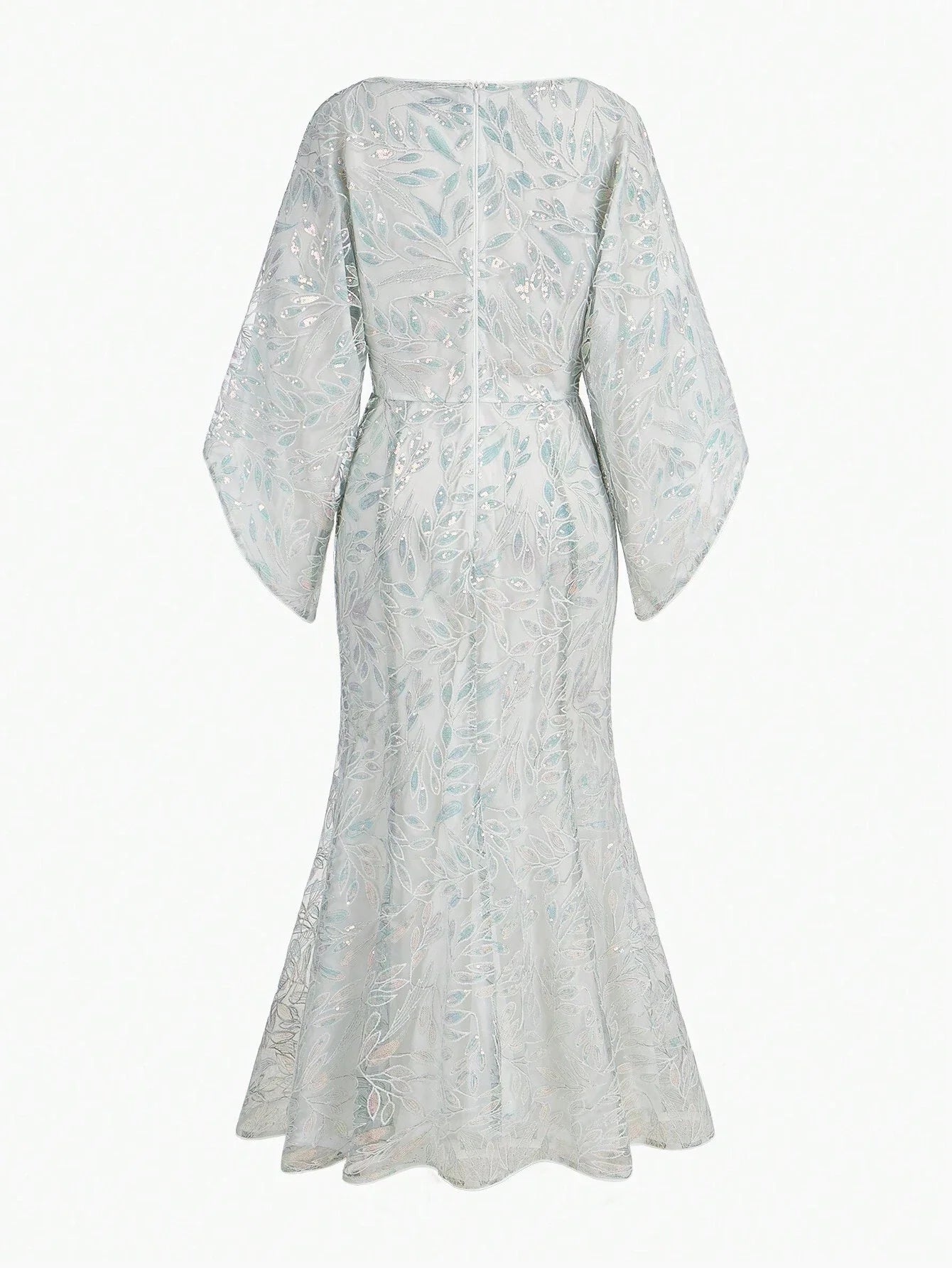 PREMIUM SEQUIN EMBROIDERY PLANTS PATTERN BELL SLEEVE MERMAID HEM LONG DRESS WITHOUT BELT