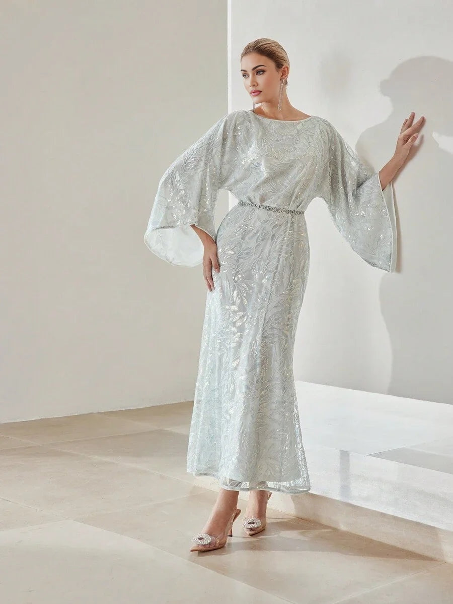 PREMIUM SEQUIN EMBROIDERY PLANTS PATTERN BELL SLEEVE MERMAID HEM LONG DRESS WITHOUT BELT