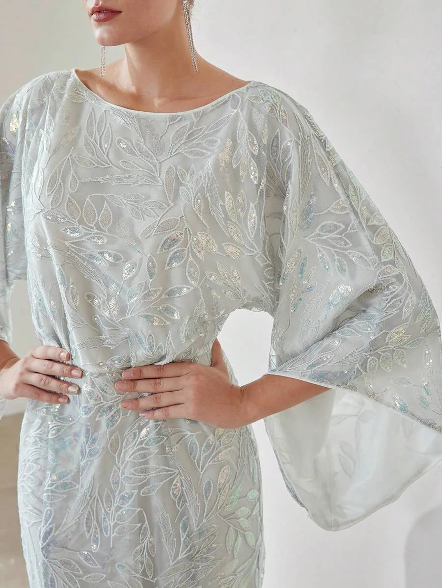PREMIUM SEQUIN EMBROIDERY PLANTS PATTERN BELL SLEEVE MERMAID HEM LONG DRESS WITHOUT BELT