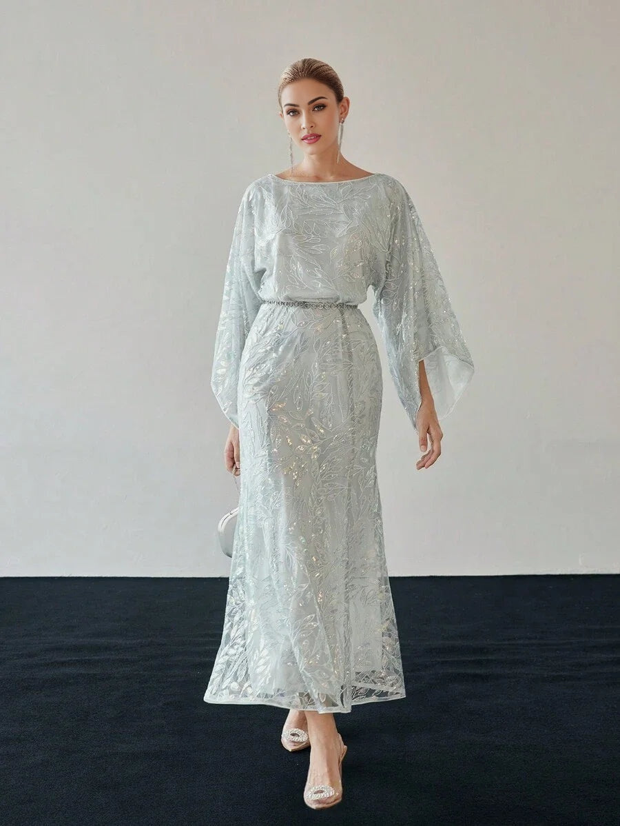 PREMIUM SEQUIN EMBROIDERY PLANTS PATTERN BELL SLEEVE MERMAID HEM LONG DRESS WITHOUT BELT
