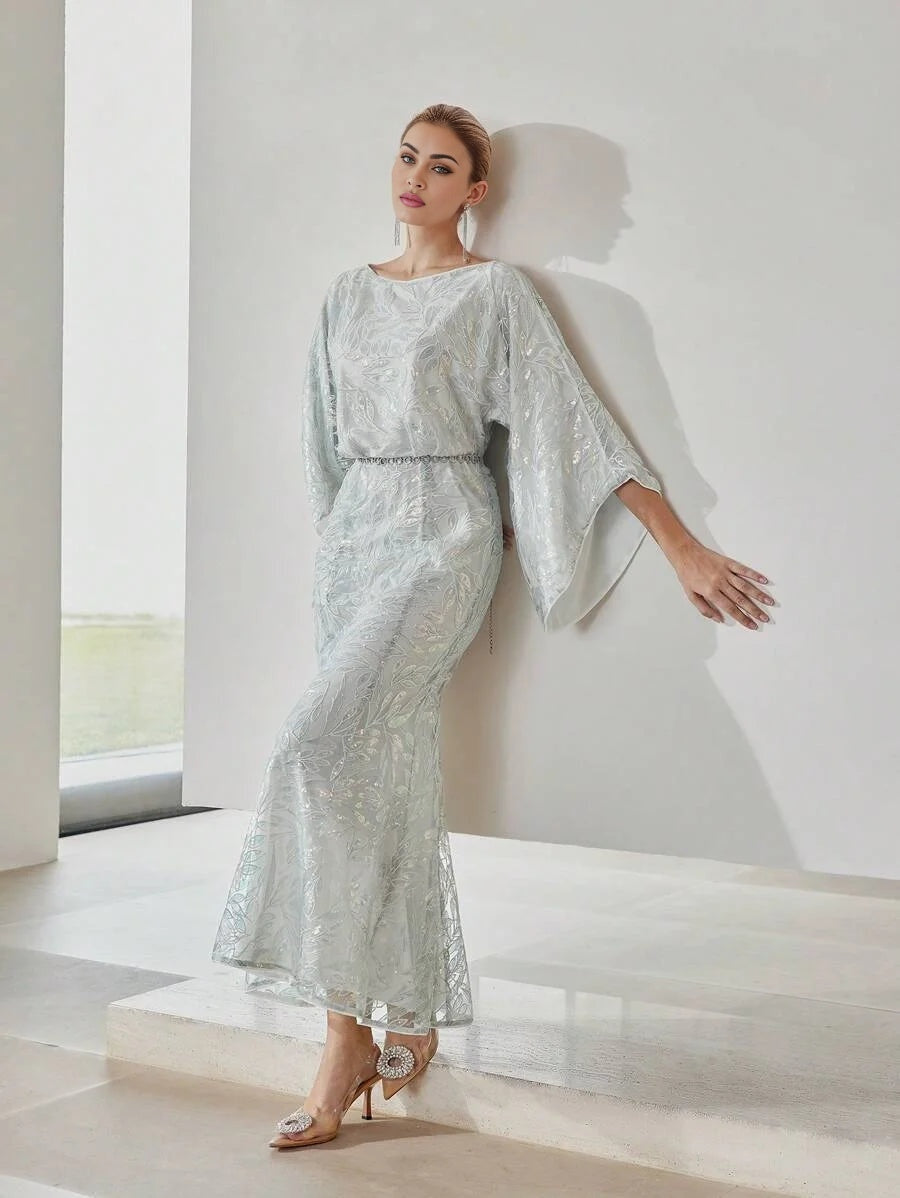 PREMIUM SEQUIN EMBROIDERY PLANTS PATTERN BELL SLEEVE MERMAID HEM LONG DRESS WITHOUT BELT