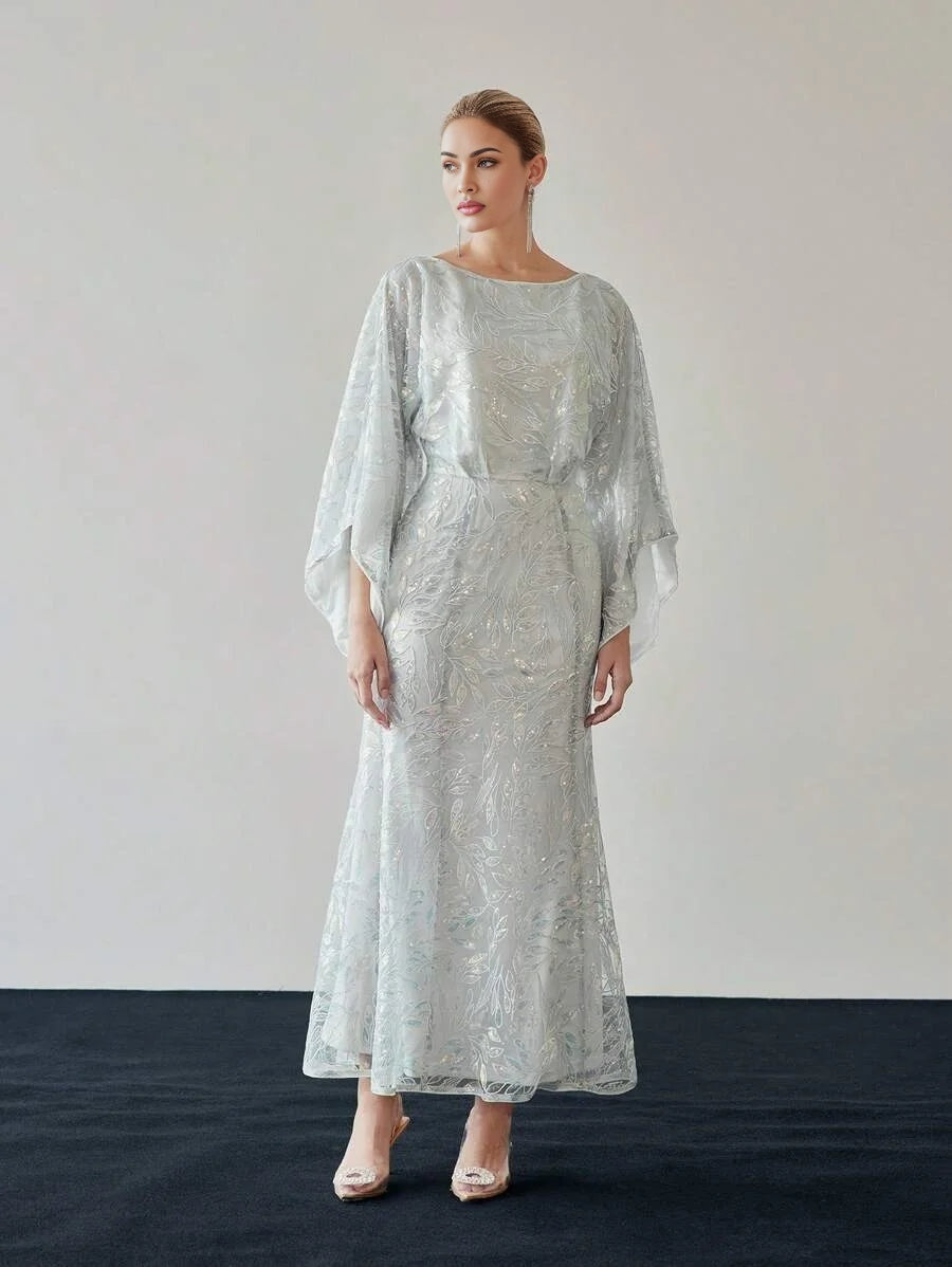 PREMIUM SEQUIN EMBROIDERY PLANTS PATTERN BELL SLEEVE MERMAID HEM LONG DRESS WITHOUT BELT