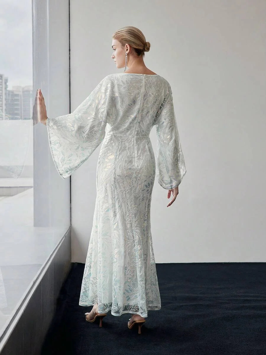 PREMIUM SEQUIN EMBROIDERY PLANTS PATTERN BELL SLEEVE MERMAID HEM LONG DRESS WITHOUT BELT