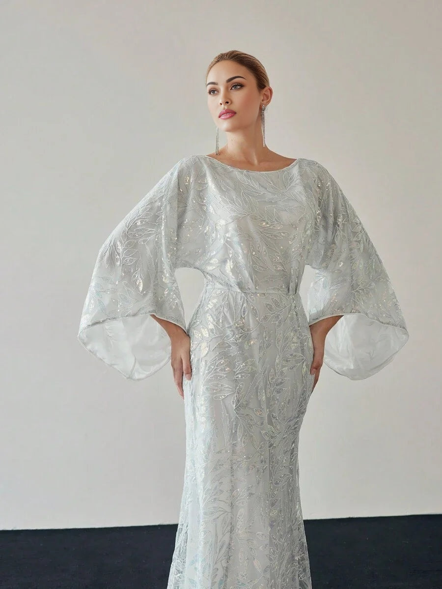 PREMIUM SEQUIN EMBROIDERY PLANTS PATTERN BELL SLEEVE MERMAID HEM LONG DRESS WITHOUT BELT