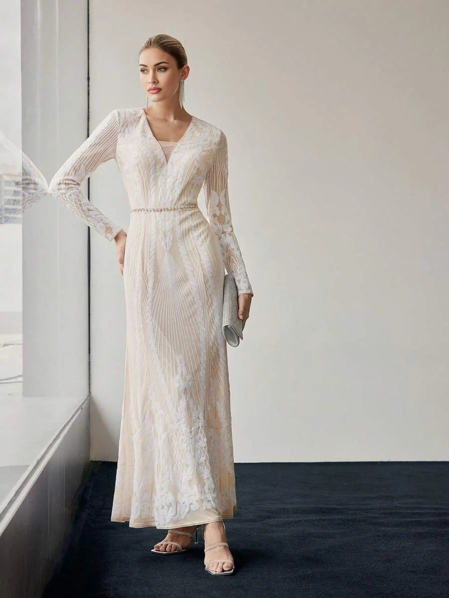 PREMIUM SEQUIN EMBROIDERY PLANTS PATTERN BELL SLEEVE MERMAID HEM LONG DRESS WITHOUT BELT