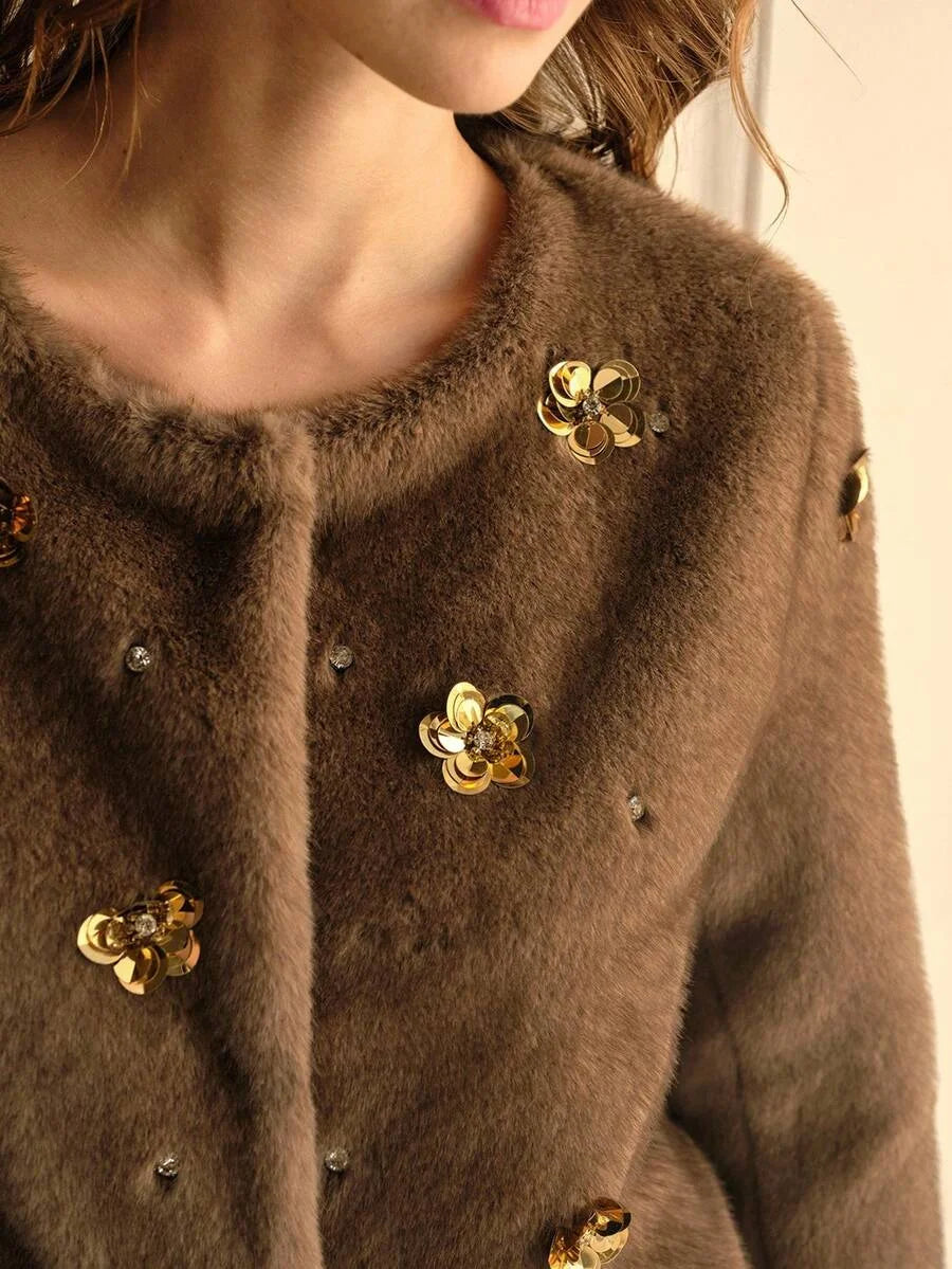 PREMIUM SEQUIN FLORAL DECOR FAUX FUR COAT