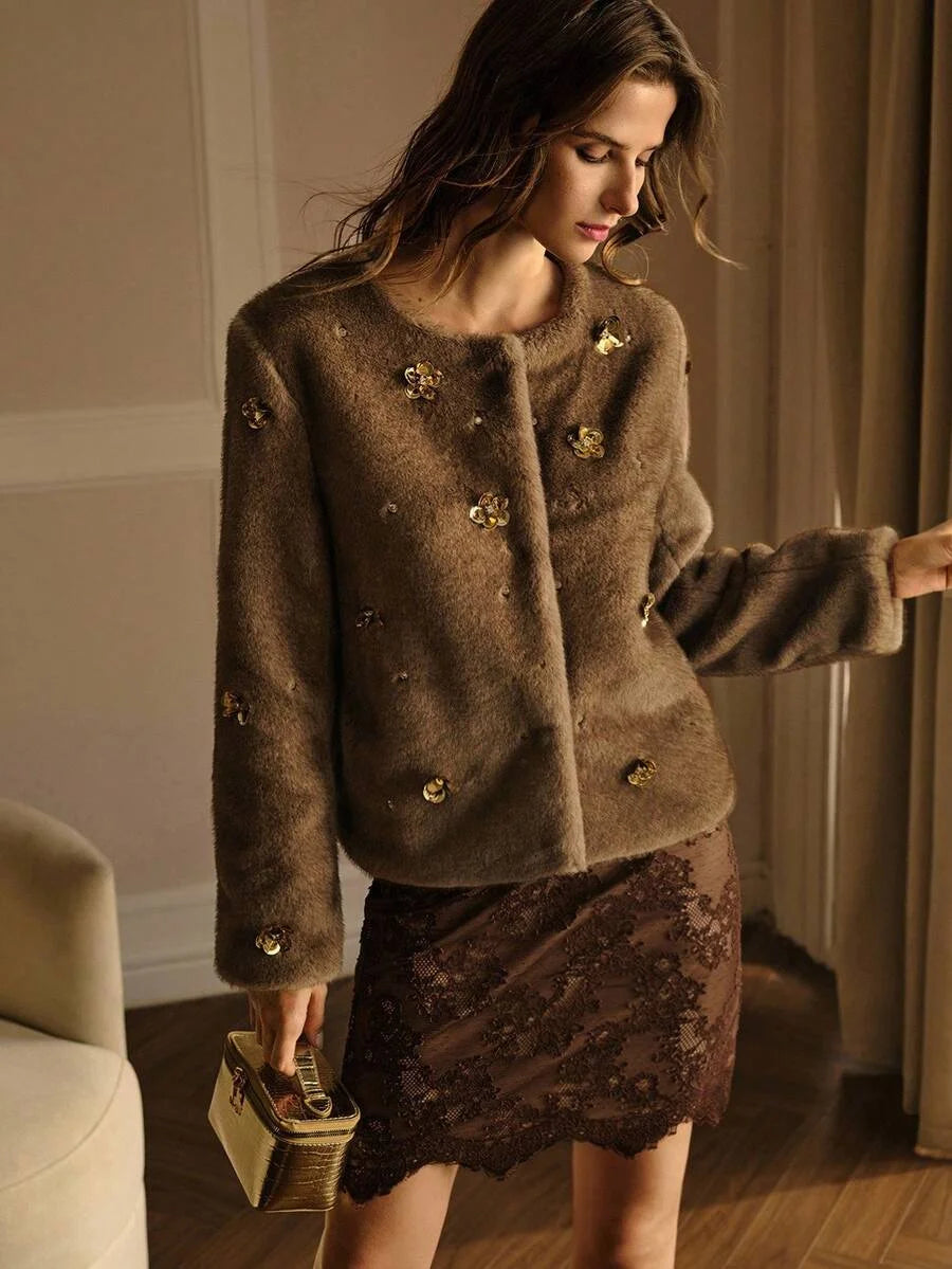 PREMIUM SEQUIN FLORAL DECOR FAUX FUR COAT