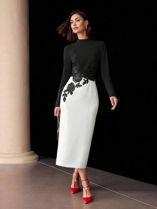 PREMIUM SEQUIN FLORAL EMBROIDERY COLORBLOCK DRESS