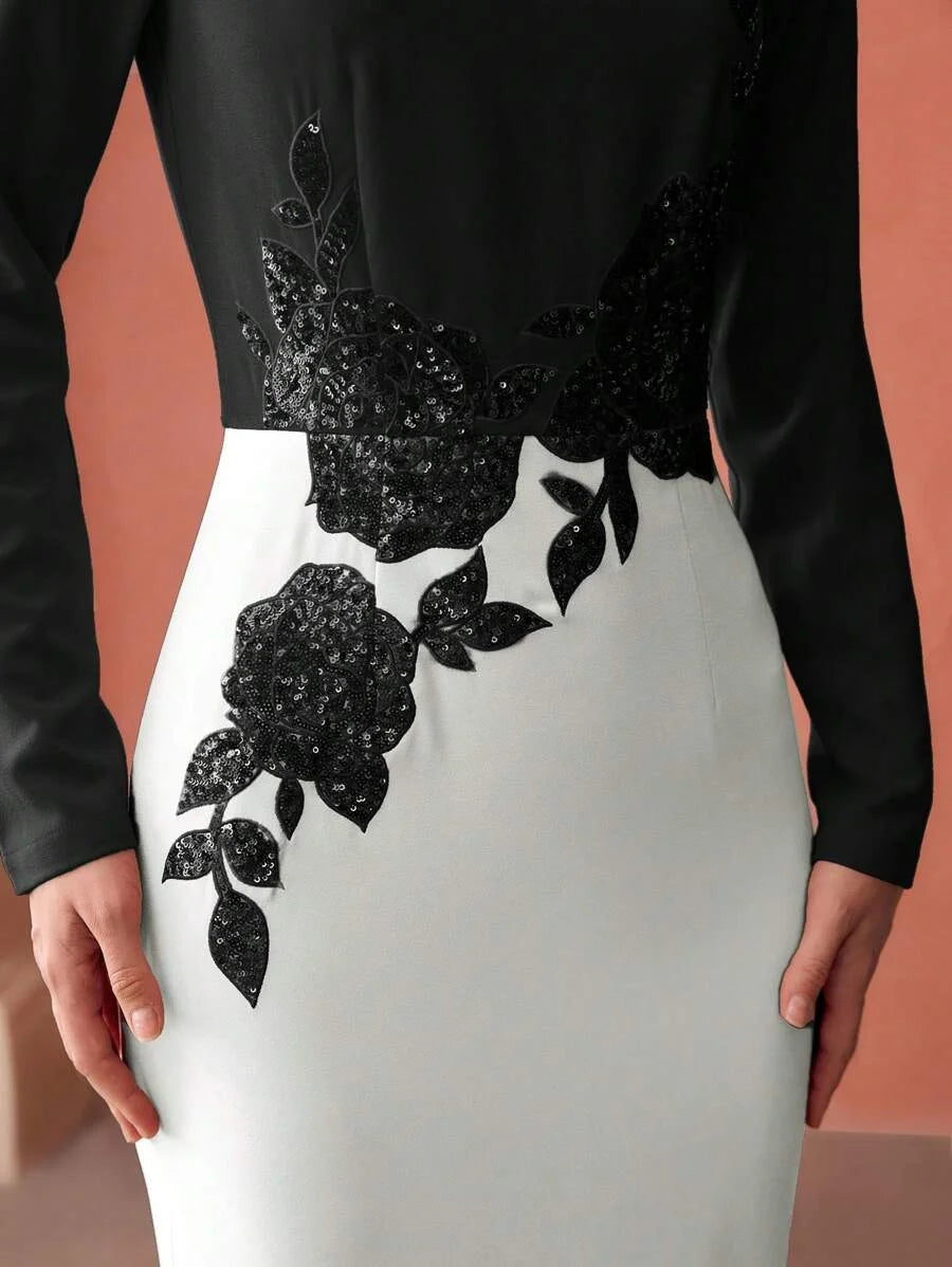 PREMIUM SEQUIN FLORAL EMBROIDERY COLORBLOCK DRESS