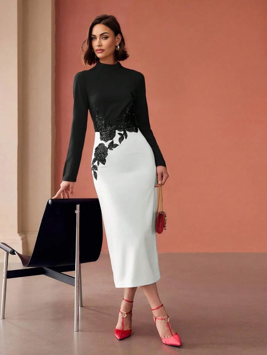 PREMIUM SEQUIN FLORAL EMBROIDERY COLORBLOCK DRESS