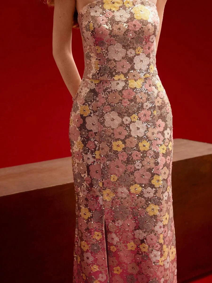 PREMIUM SEQUIN FLORAL THIGH SLIT TUBE DRESSVALENTINES DAY OUTFITSPRINGSUMMER