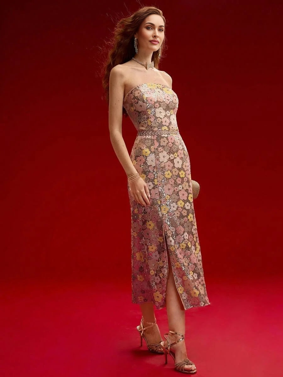 PREMIUM SEQUIN FLORAL THIGH SLIT TUBE DRESSVALENTINES DAY OUTFITSPRINGSUMMER