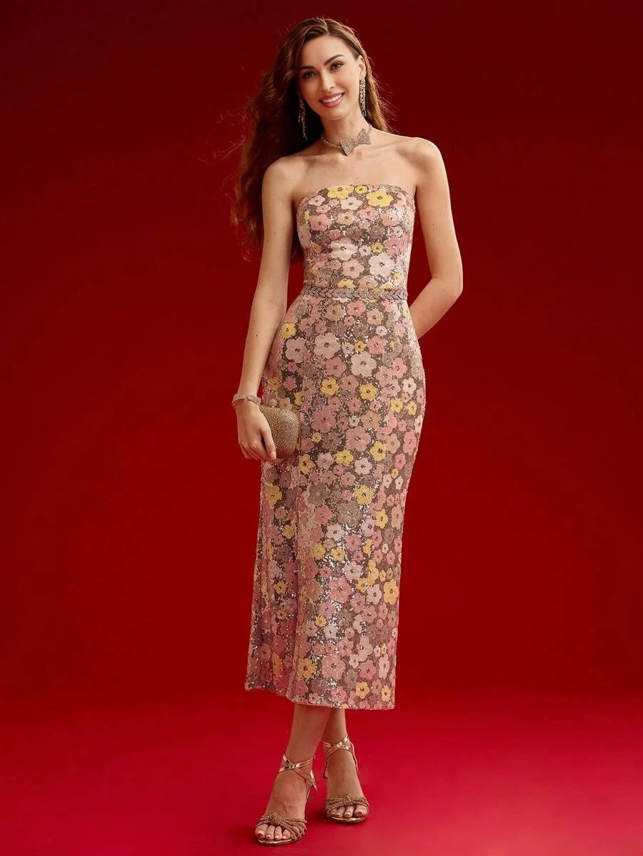 PREMIUM SEQUIN FLORAL THIGH SLIT TUBE DRESSVALENTINES DAY OUTFITSPRINGSUMMER