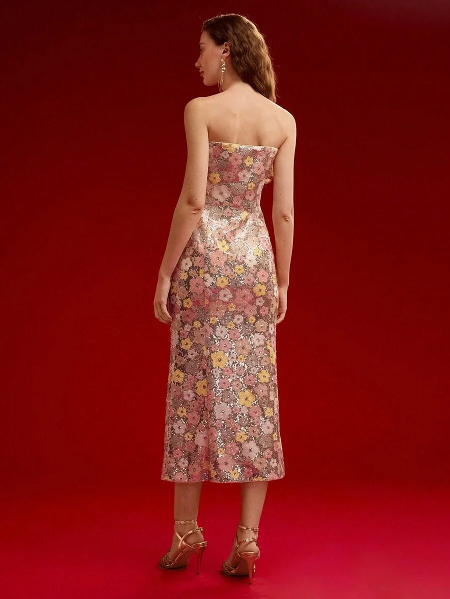 PREMIUM SEQUIN FLORAL THIGH SLIT TUBE DRESSVALENTINES DAY OUTFITSPRINGSUMMER