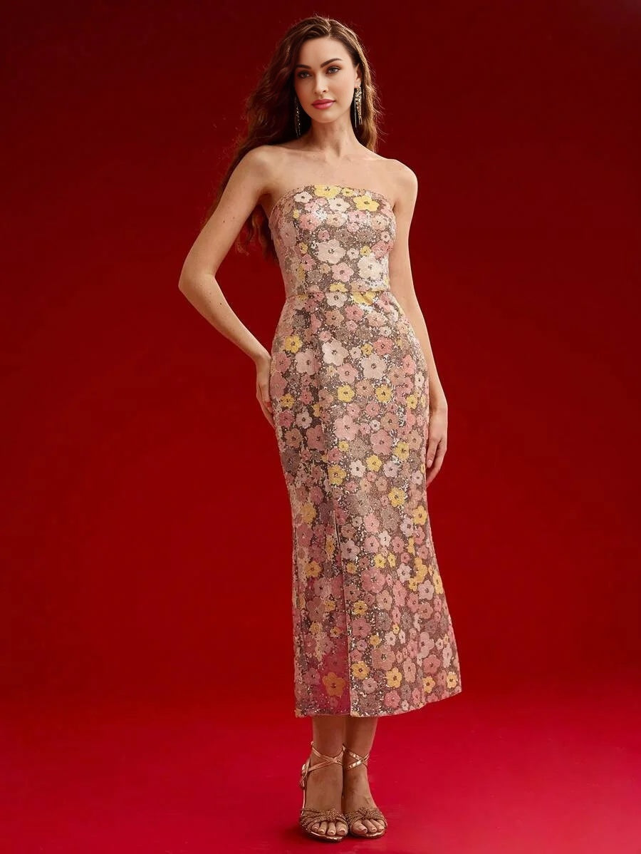 PREMIUM SEQUIN FLORAL THIGH SLIT TUBE DRESSVALENTINES DAY OUTFITSPRINGSUMMER