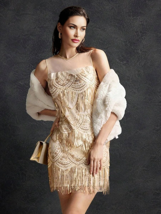 PREMIUM SEQUIN FRINGE MESH DRESS