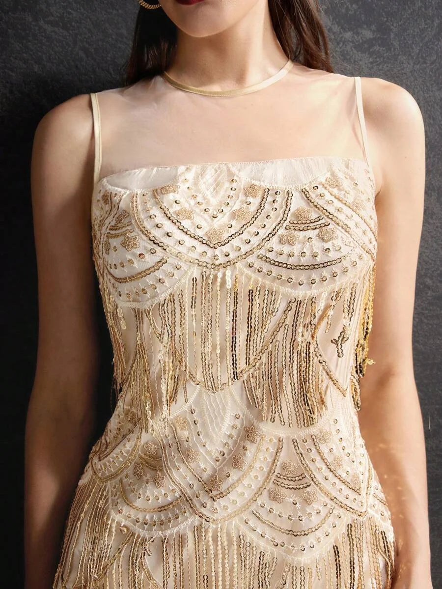 PREMIUM SEQUIN FRINGE MESH DRESS