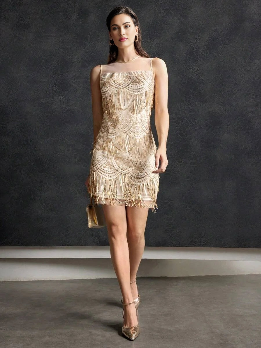 PREMIUM SEQUIN FRINGE MESH DRESS