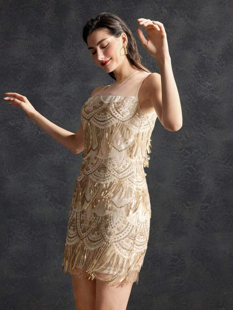 PREMIUM SEQUIN FRINGE MESH DRESS