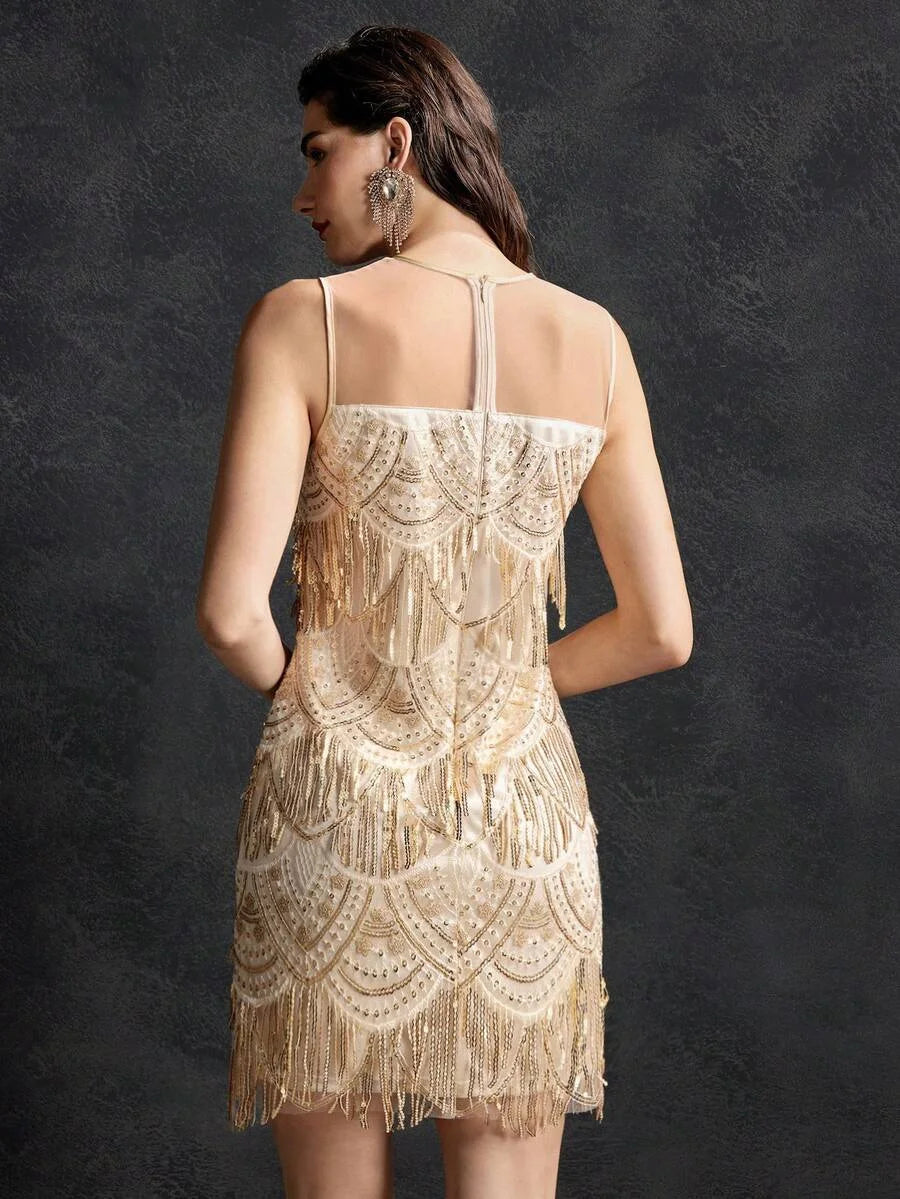 PREMIUM SEQUIN FRINGE MESH DRESS