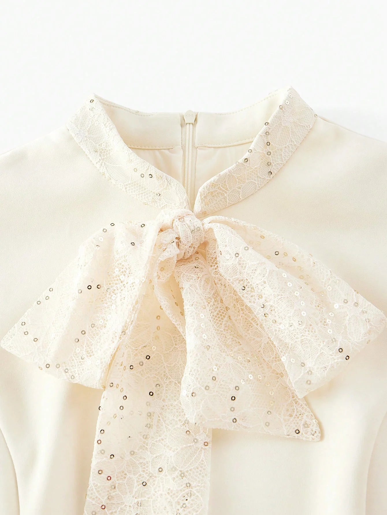 PREMIUM SEQUIN LACE PANEL BOW MOCK NECK FLARE HEM MIDI DRESS