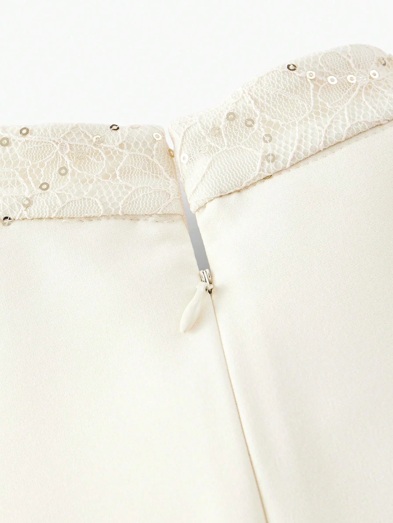 PREMIUM SEQUIN LACE PANEL BOW MOCK NECK FLARE HEM MIDI DRESS