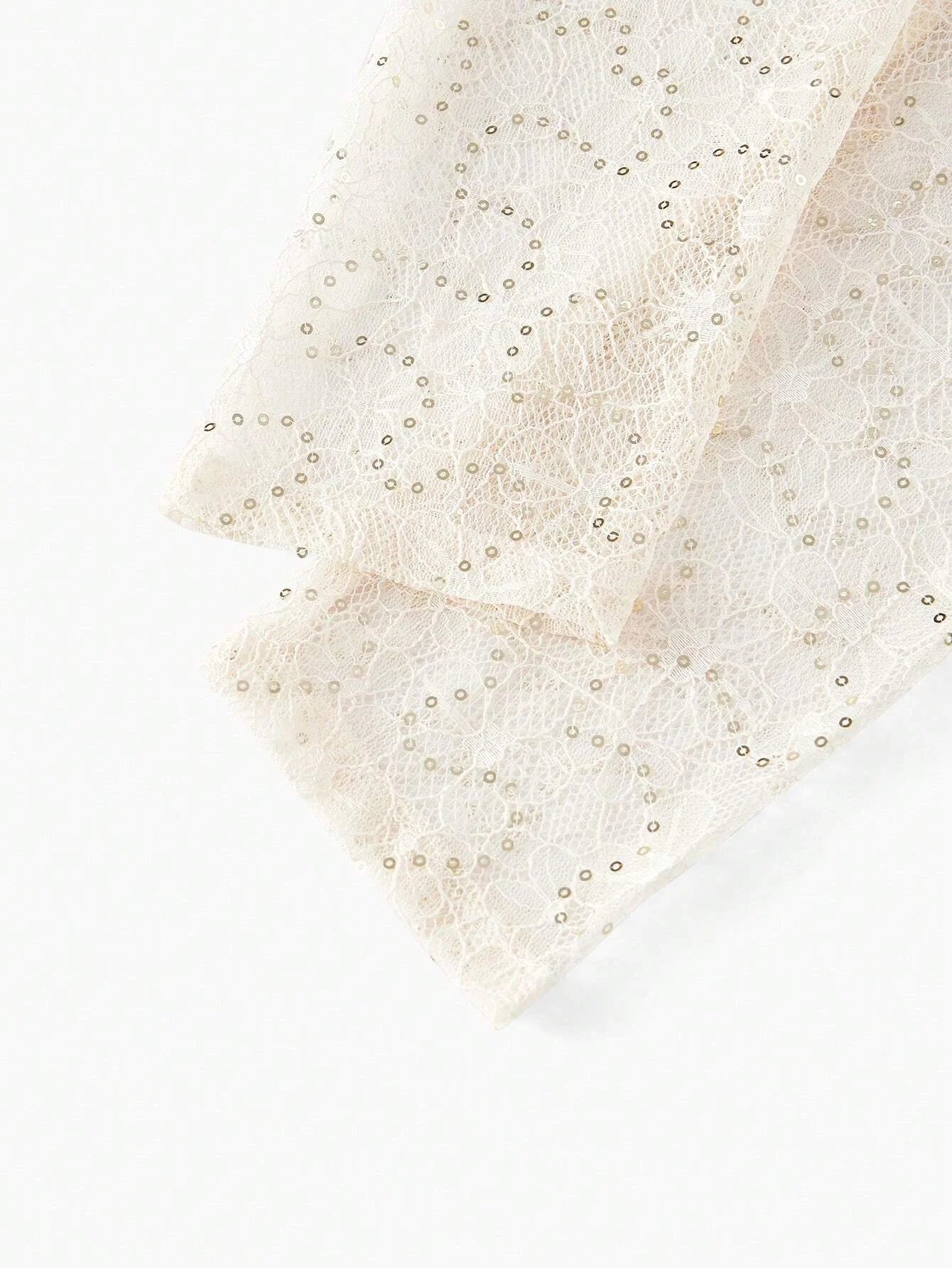 PREMIUM SEQUIN LACE PANEL BOW MOCK NECK FLARE HEM MIDI DRESS