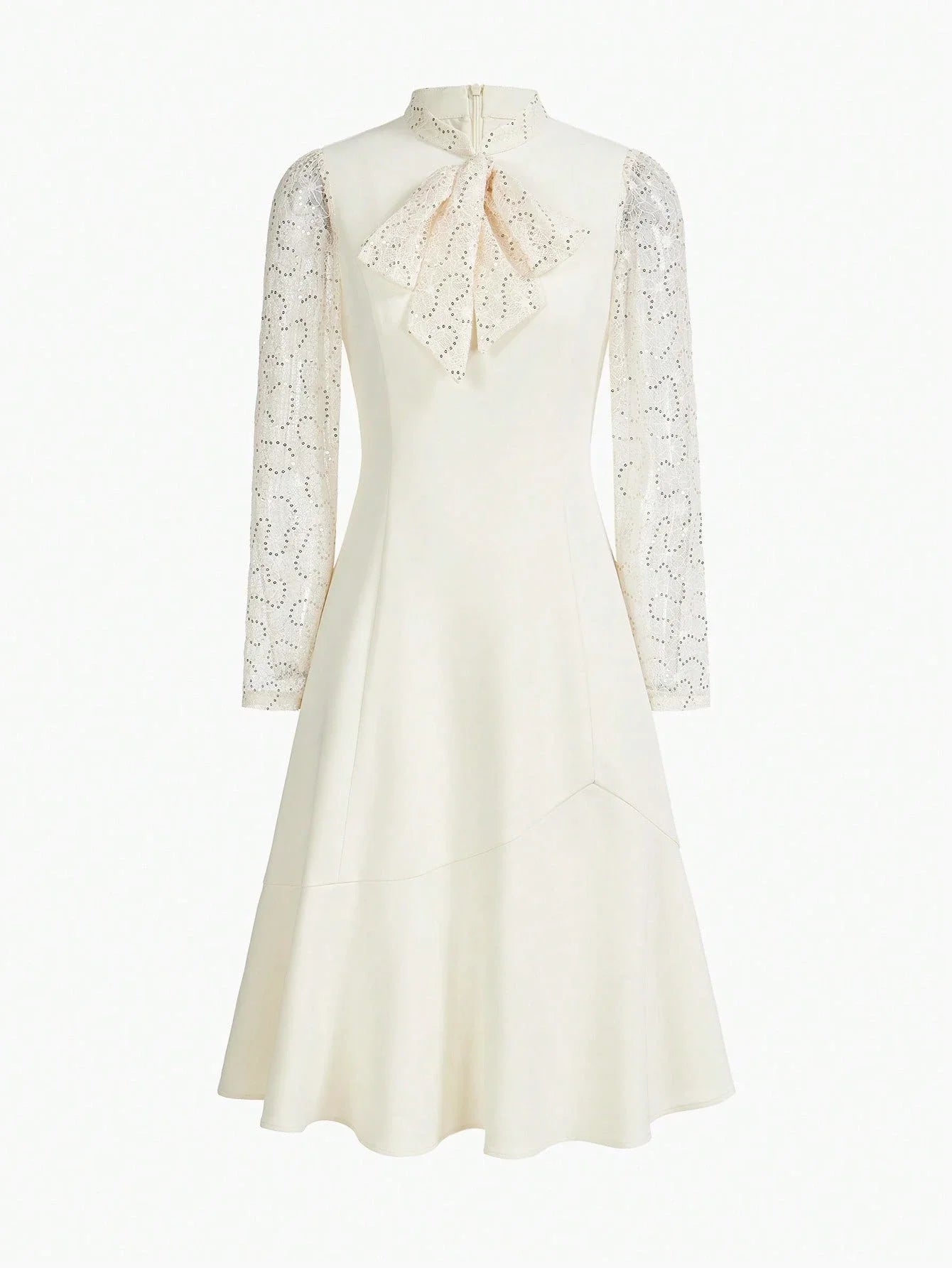 PREMIUM SEQUIN LACE PANEL BOW MOCK NECK FLARE HEM MIDI DRESS