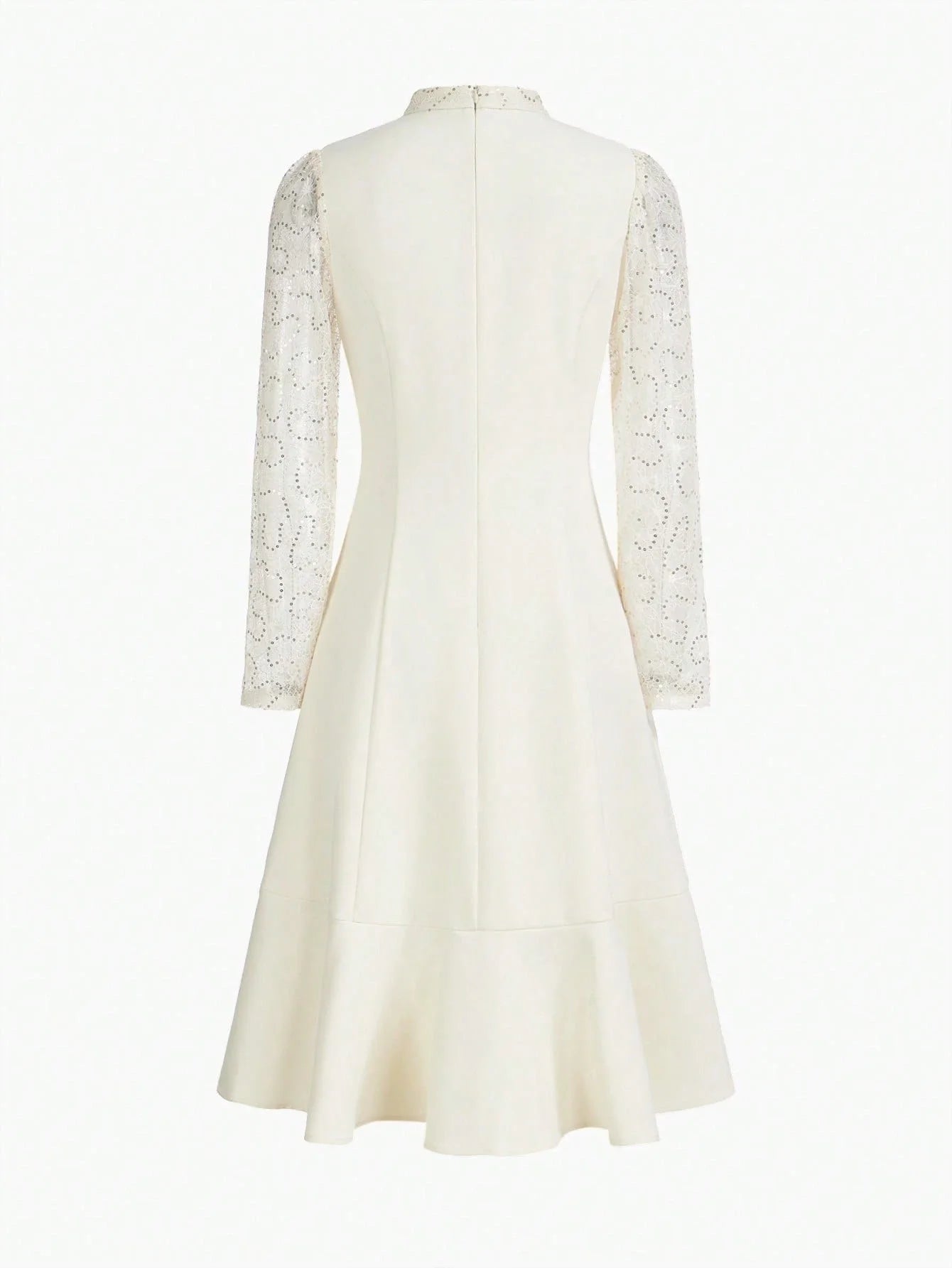 PREMIUM SEQUIN LACE PANEL BOW MOCK NECK FLARE HEM MIDI DRESS