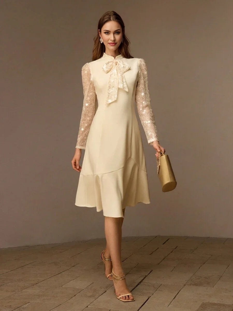 PREMIUM SEQUIN LACE PANEL BOW MOCK NECK FLARE HEM MIDI DRESS