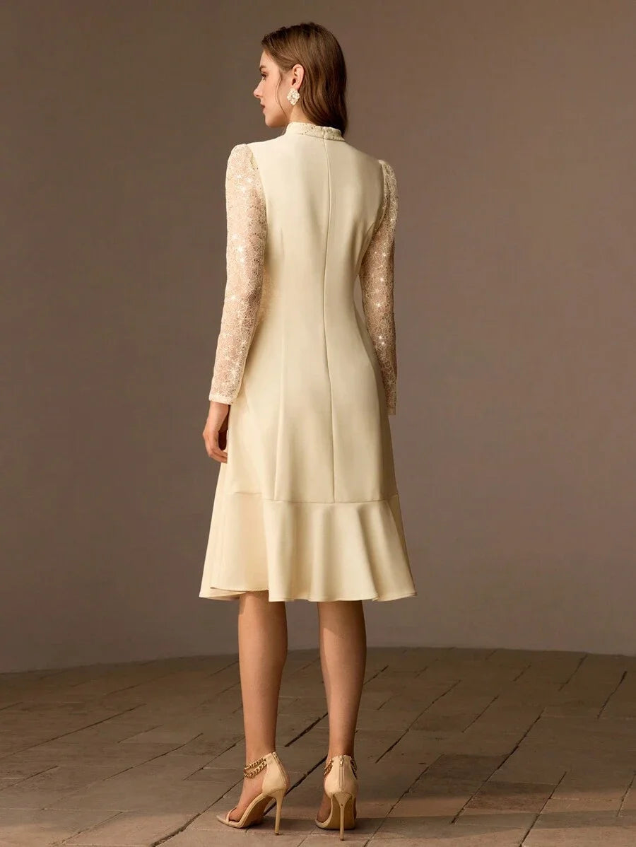 PREMIUM SEQUIN LACE PANEL BOW MOCK NECK FLARE HEM MIDI DRESS