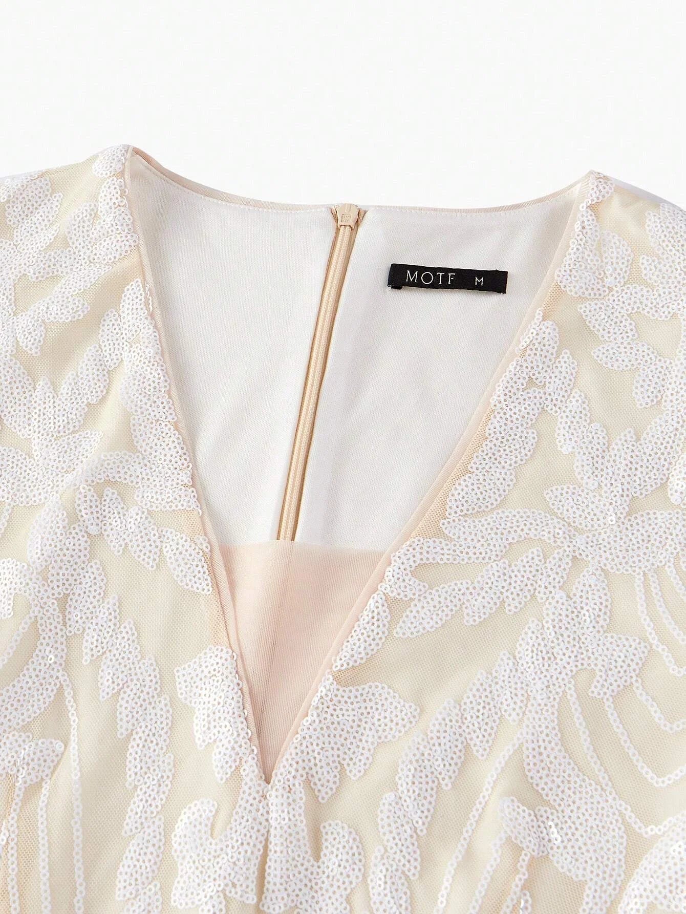 PREMIUM SEQUIN MESH OVERLAY VNECK MERMAID HEM DRESS WITHOUT BELT