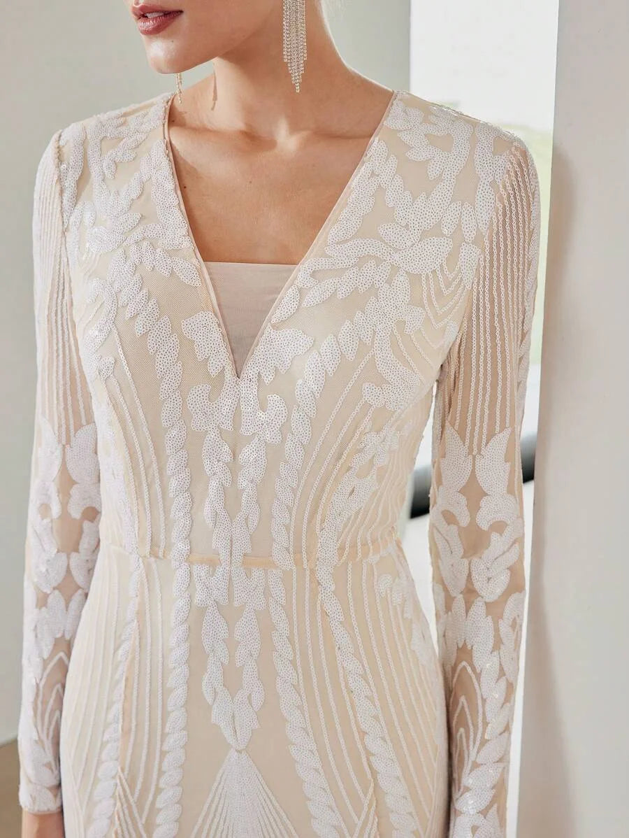 PREMIUM SEQUIN MESH OVERLAY VNECK MERMAID HEM DRESS WITHOUT BELT