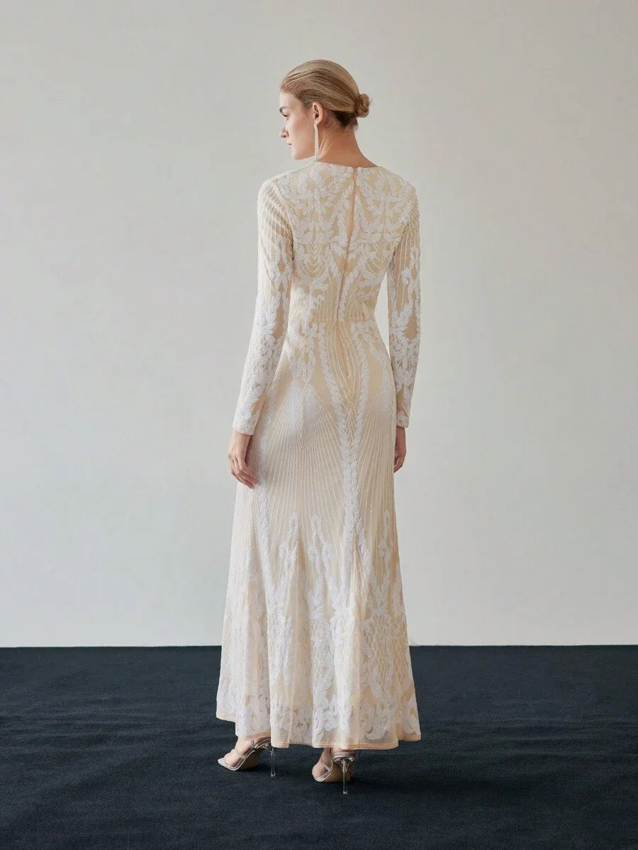 PREMIUM SEQUIN MESH OVERLAY VNECK MERMAID HEM DRESS WITHOUT BELT