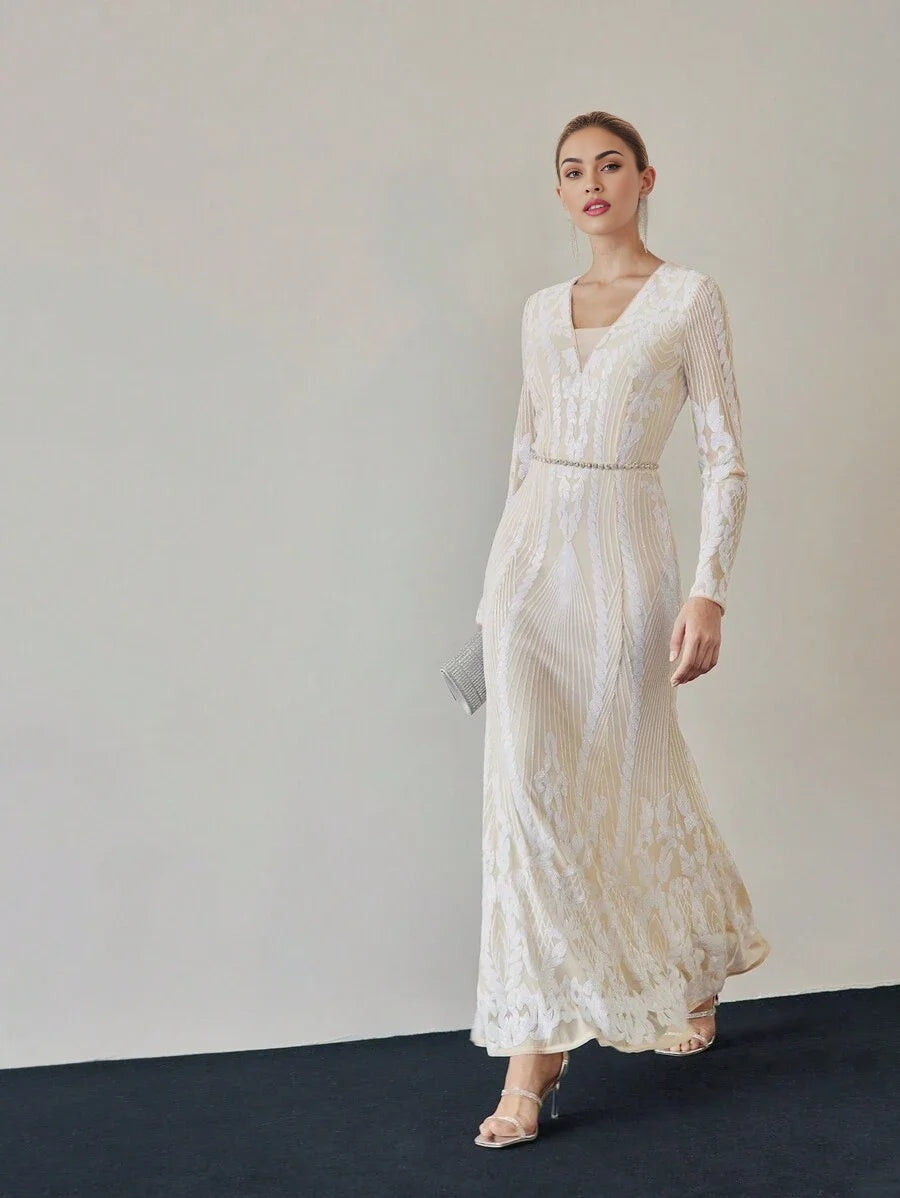 PREMIUM SEQUIN MESH OVERLAY VNECK MERMAID HEM DRESS WITHOUT BELT