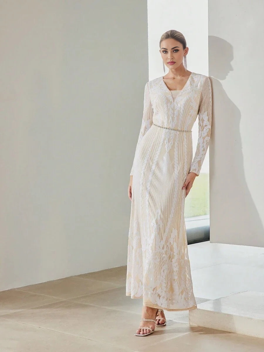 PREMIUM SEQUIN MESH OVERLAY VNECK MERMAID HEM DRESS WITHOUT BELT